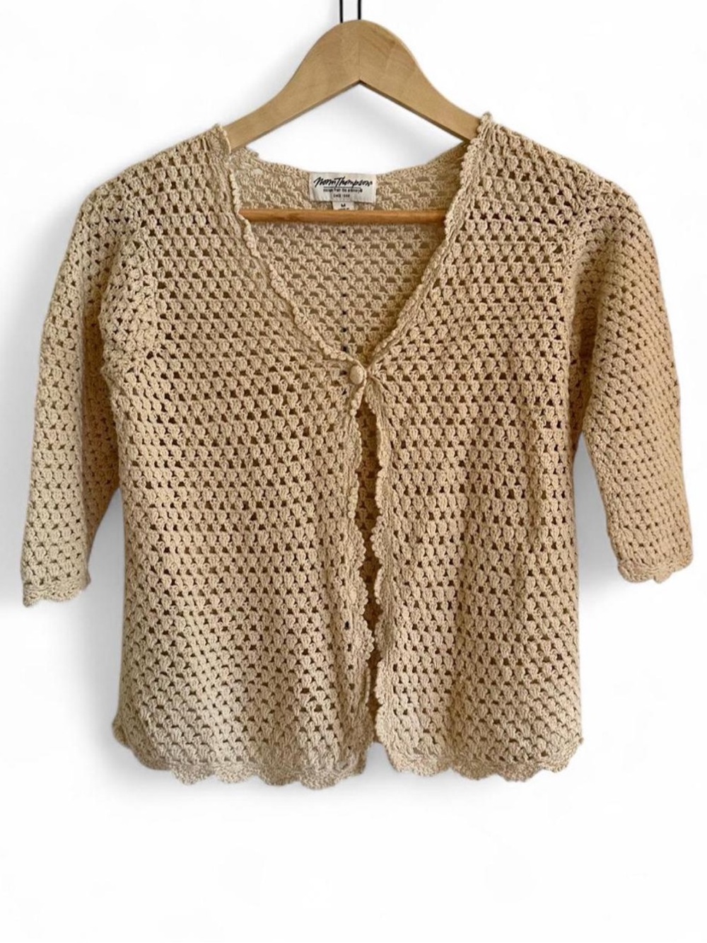 Vintage Y2K Norm Thompson Crochet Crop Cardigan Linen Blend Boho Coastal Neutral - Picture 2 of 8